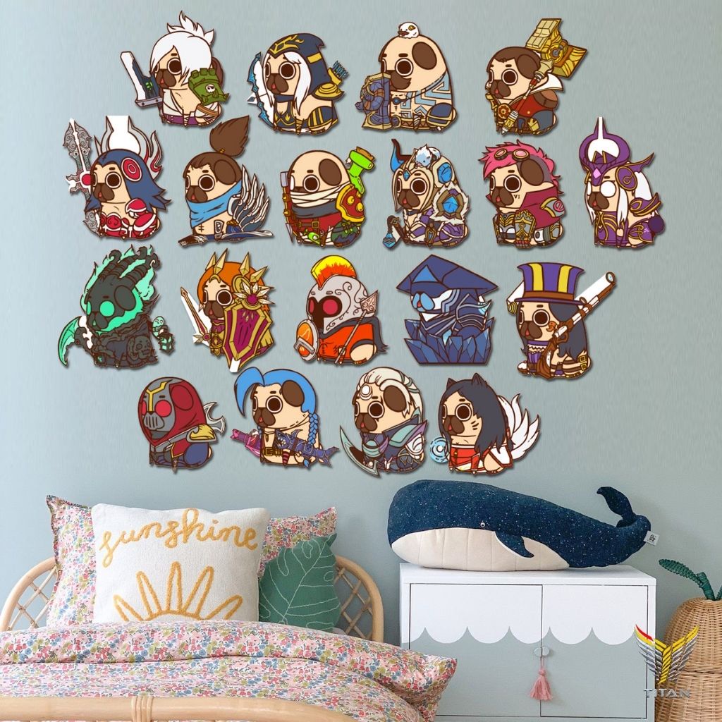 Bộ tranh dán tường 19 chú chó nhân vật game LOL, chất liệu Fomex, tranh decor trang trí nhà cửa, phòng ngủ