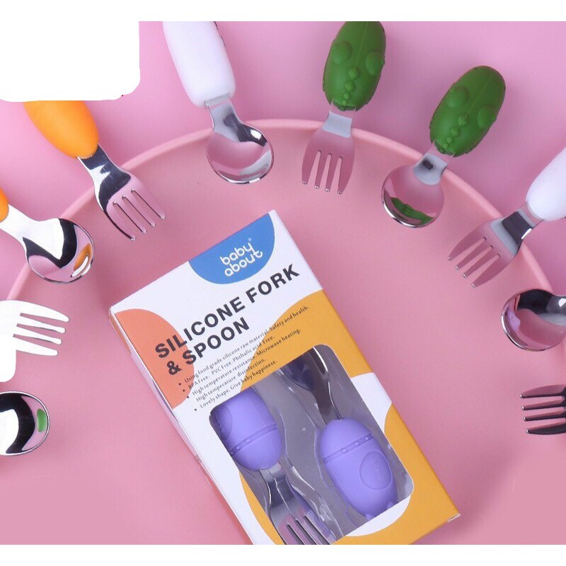Set thìa dĩa tập xúc cán ngắn / muỗng nĩa cán ngắn silicone an toàn cho bé tập ăn dặm