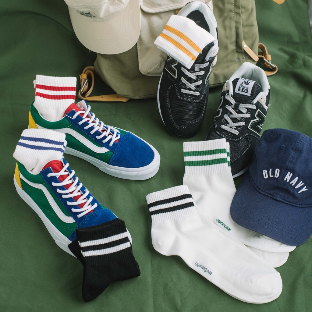 MEN DOUBLE LINE - Tất vớ cao cổ nam kẻ hai sọc thể thao, nhập khẩu Hàn Quốc