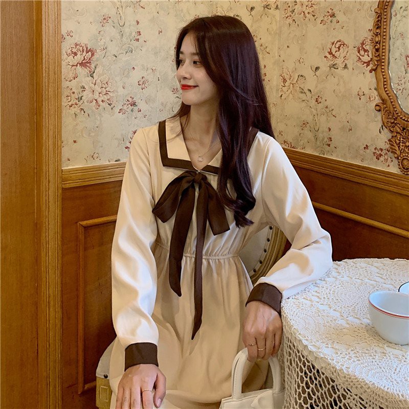 Đầm thủy thủ nữ dài tay cổ bẻ phối nơ dáng rộng unisex hàn quốc/ Váy babgydoll phong cách vintage dáng dài dễ thương