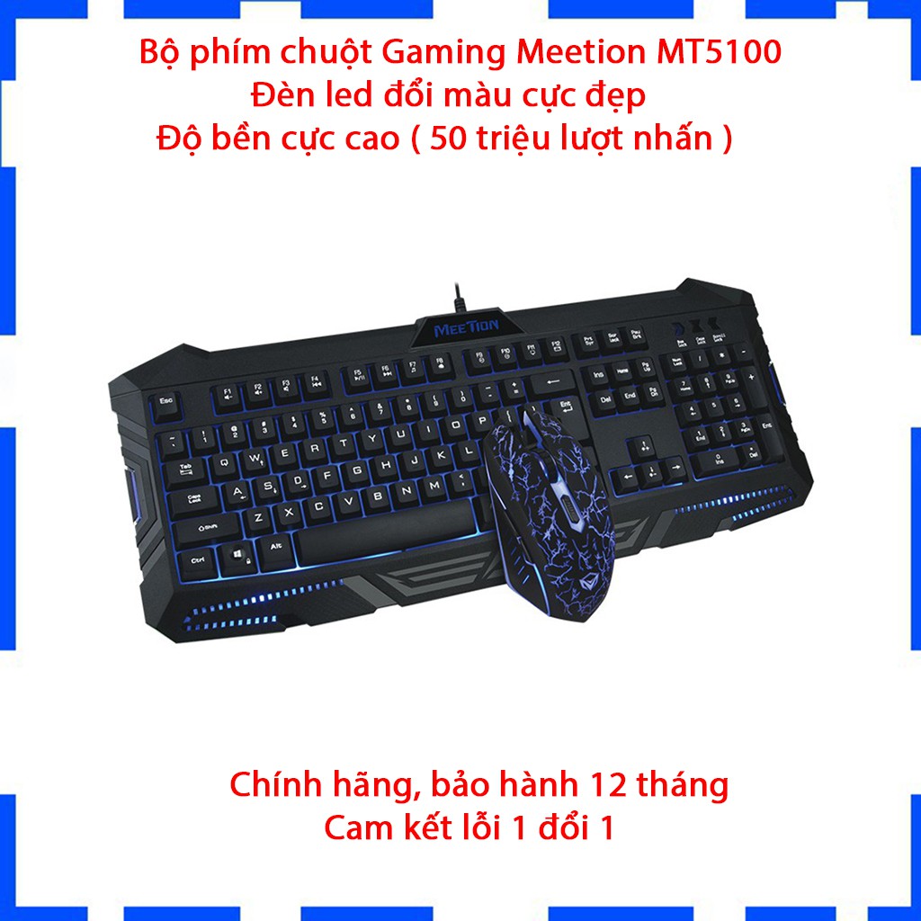 Bộ phím chuột Gaming Meetion MT5100 - Đèn led đổi màu cực đẹp - Chống ồn, chống nước - Cam kết chính hãng - BH 12 tháng