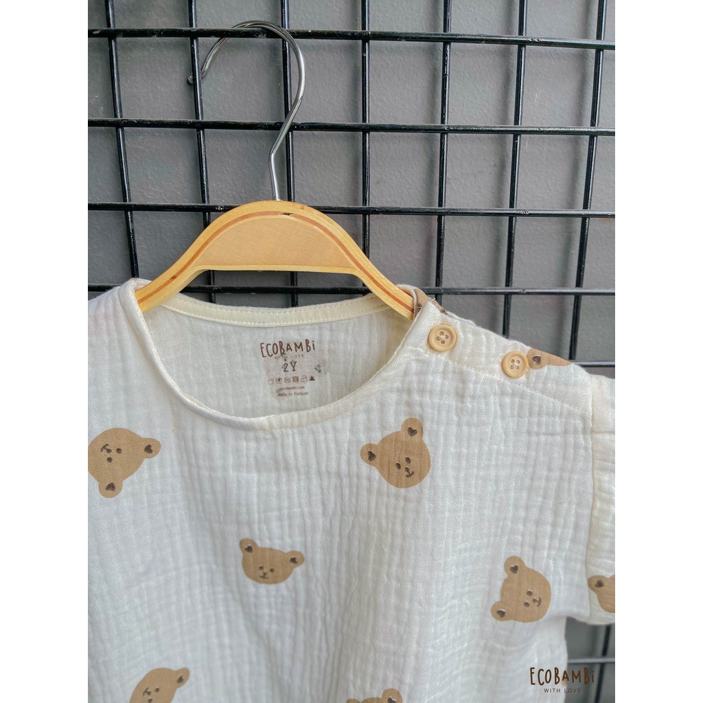 Áo UNISEX cotton Muslin tay ngắn phong cách Hàn Quốc năng động in hoạ tiết cho bé - Ecobambi