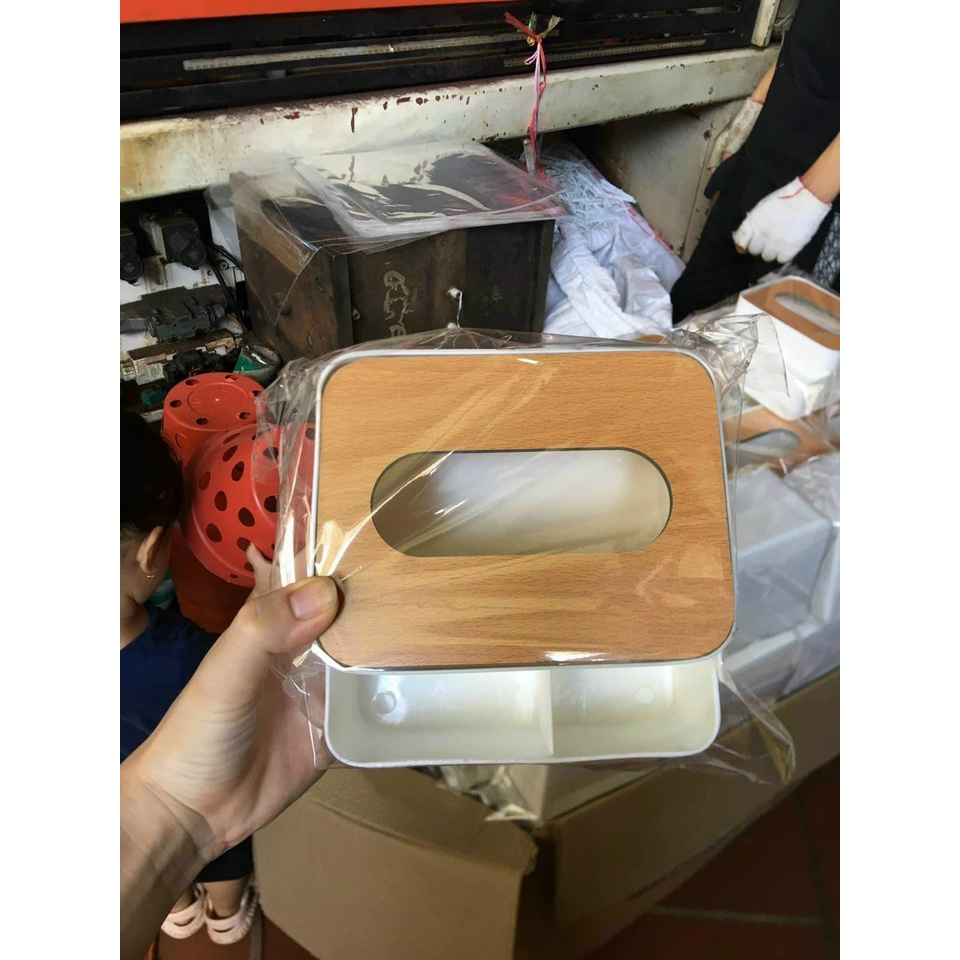 Hộp Đựng Giấy Ăn Để Bàn Có Ngăn Để Đồ Đa Năng, Hộp Giấy Ăn nắp vânGỗ