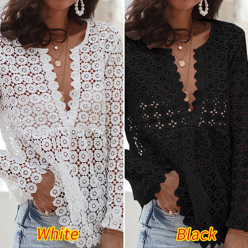 Áo kiểu ZANZEA tay dài phối ren xuyên thấu phong cách vintage thời trang dành cho nữ