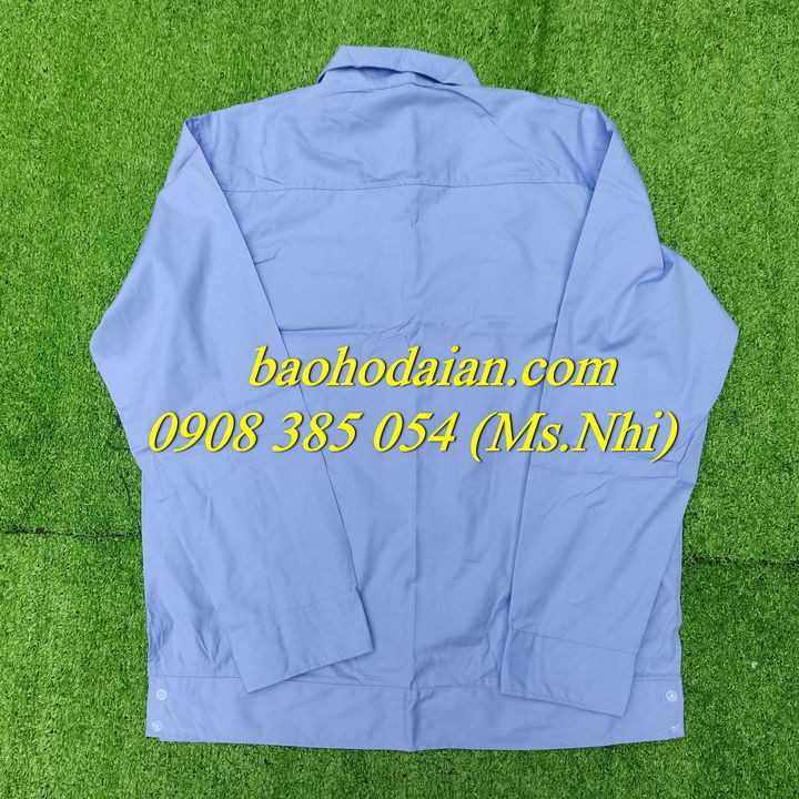 Áo bảo vệ tay dài màu xanh dương có bo eo- Hình thật
