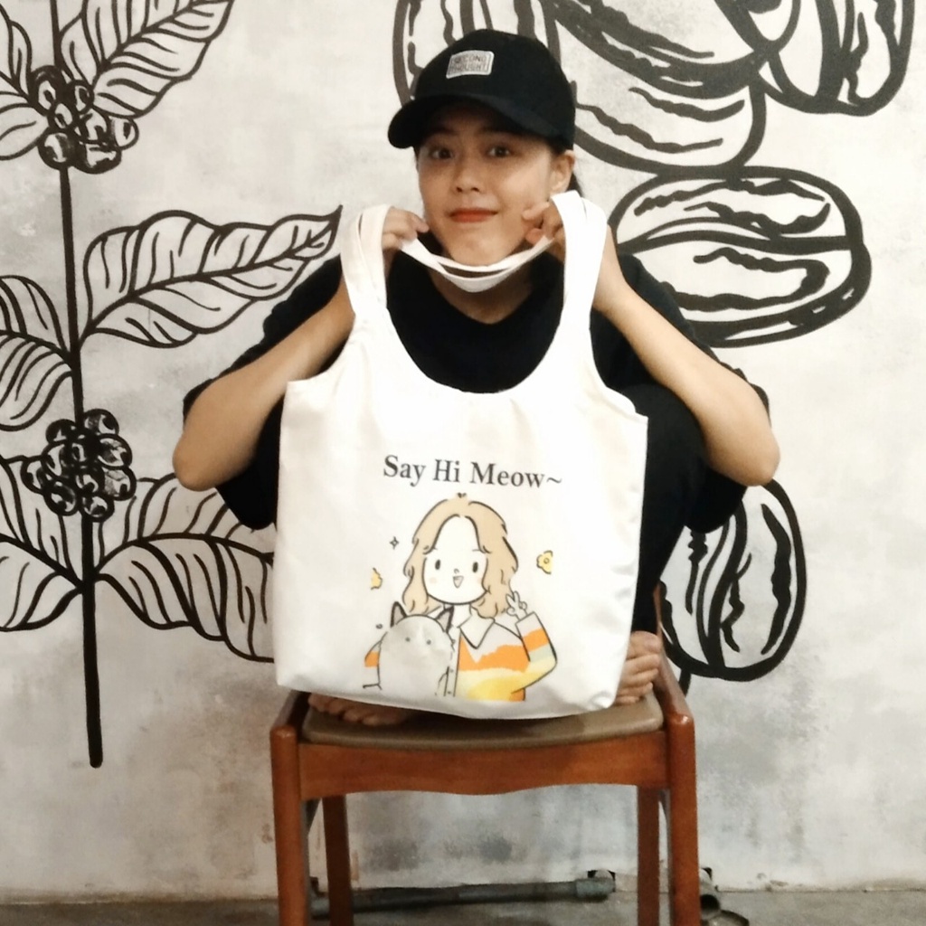 Túi note hàn quốc, vải canvas 100% poli cao cấp, phong cách thời trang ulzzang, có khoá miệng xịn xò SAY HI MEO mã K18