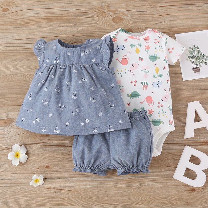 Combo bộ đồ bé gái 3-24 tháng tay ngắn bodysuit liền thân quần đùi set mùa hè thời trang cho bé trẻ em sơ sinh