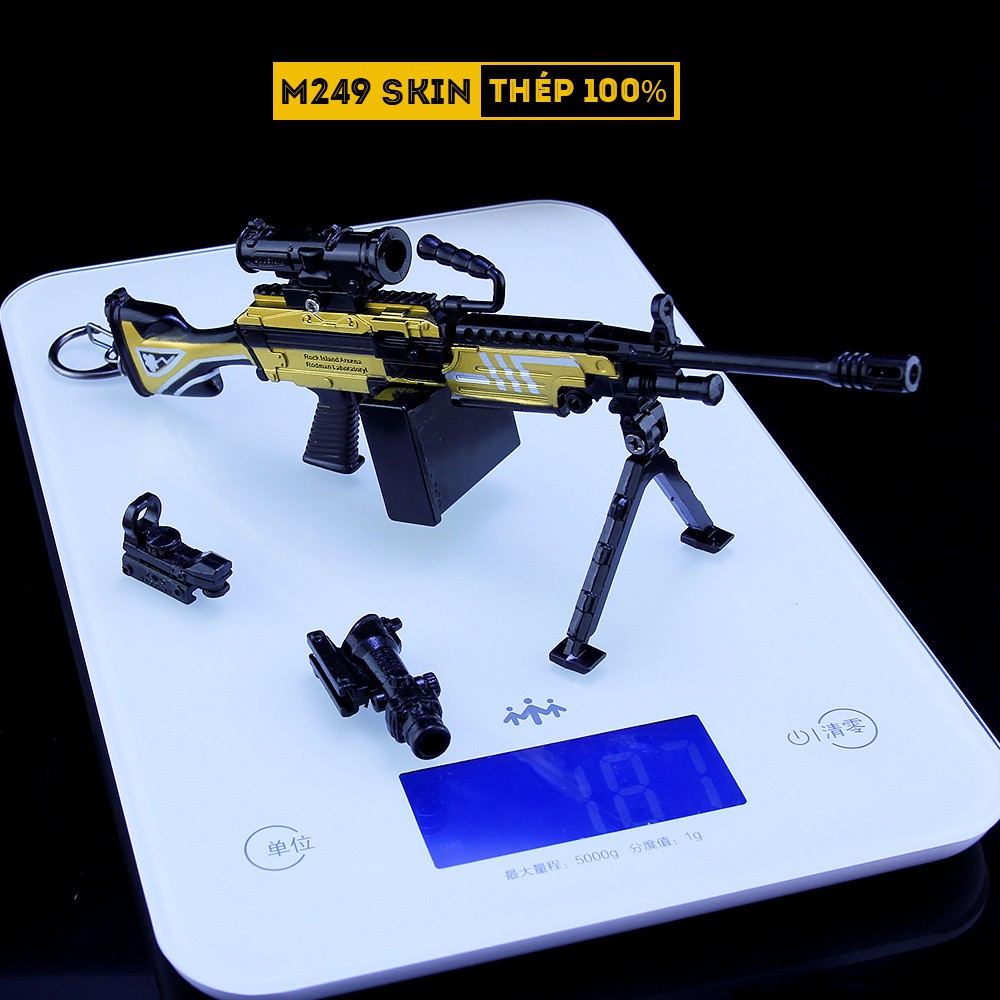 Mô Hình PUBG M249 Skin Black Gold Tặng Kèm 3 Scope Và Kệ Trưng Bày 19cm