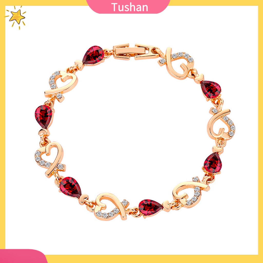 TUSH_Women Cubic Zirconia Inlaid Hollow Love Heart Charm Bracelet Bangle Jewelry Gift