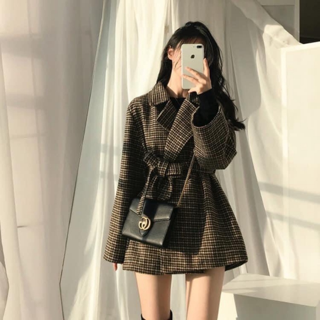Áo Blazer nữ 2 lớp tay dài Hàn Quốc khoác ngoài đẹp, Áo vest nữ dạ kẻ caro kèm đai cực xinh