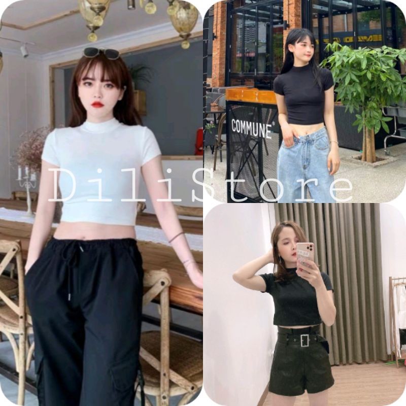 Áo Croptop Nữ Cổ 3 Phân 🦋FREESHIP🦋 Áo Ngắn Trơn Nữ Cộc Tay 2 Màu