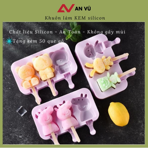 Khuôn làm kem Silicon hình thú, Khuôn kem Silicon hình thú Tặng Kèm 50 Que Kem Gỗ