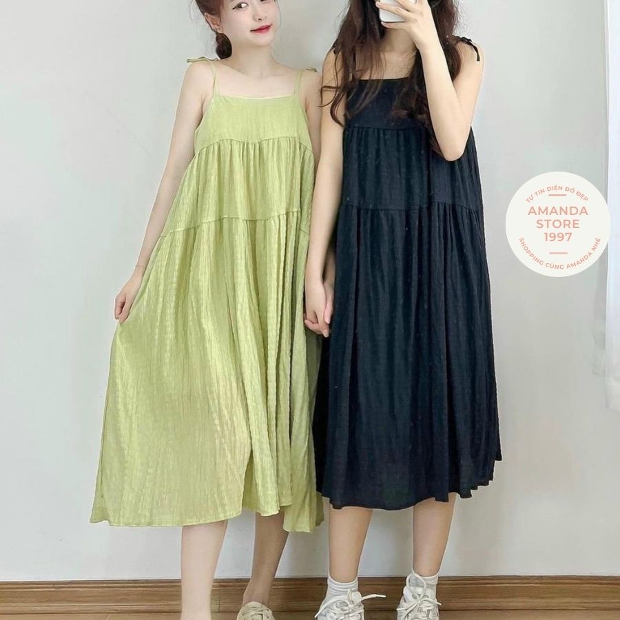 Váy 2 dây đi biển, chất cotton kẻ xốp 5 màu hót hít