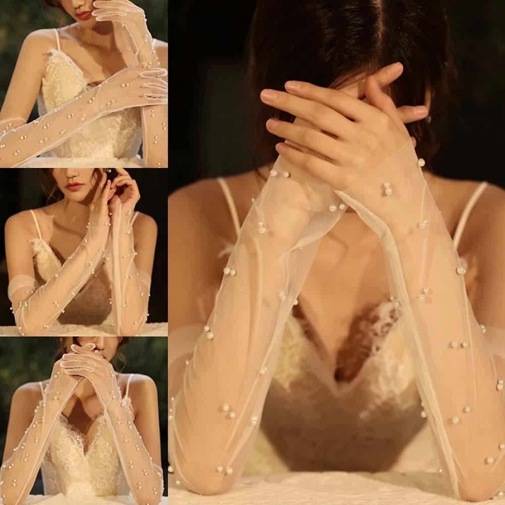 Găng Tay Vải Voan Phối Ren Hở Ngón Thanh Lịch Dành Cho Cô Dâu
