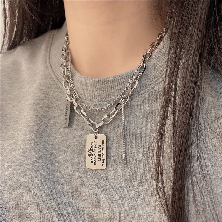 Dây chuyền 19501 nhiều lớp dày mặt vuông khắc chữ thời trang dành cho nam và nữ