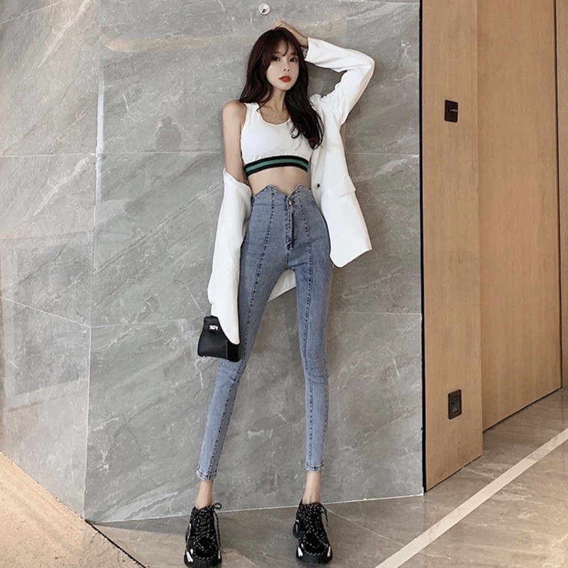 [Mã WASTUP5 giảm 10% tối đa 20K đơn 99K] quần jean ôm cạp siêu cao tua gấu gân giữa 2 khuy