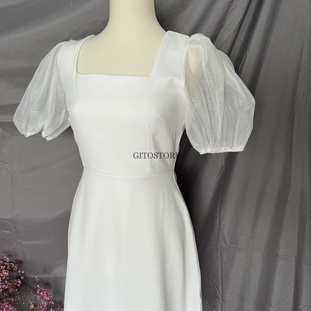 ĐẦM CỔ VUÔNG TAY PHỒNG ĐEN TRẮNG TAY VOAN - GD241