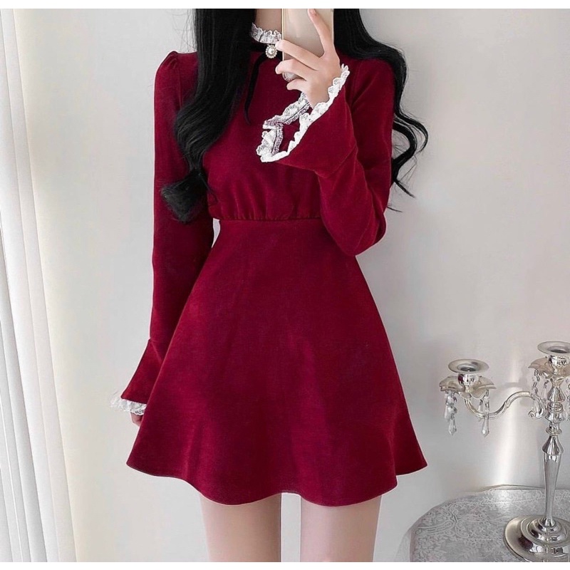 Đầm nữ đỏ phối ren trắng cột nơ lưng form chuẩn cực tôn dáng | BigBuy360 - bigbuy360.vn
