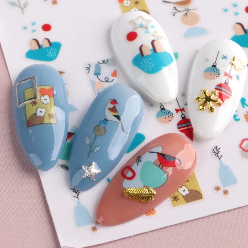 1 Tấm Sticker Dán Móng Họa Tiết Giáng Sinh / Hoạt Hình Ông Già Noel / Người Tuyết / Lông Vũ