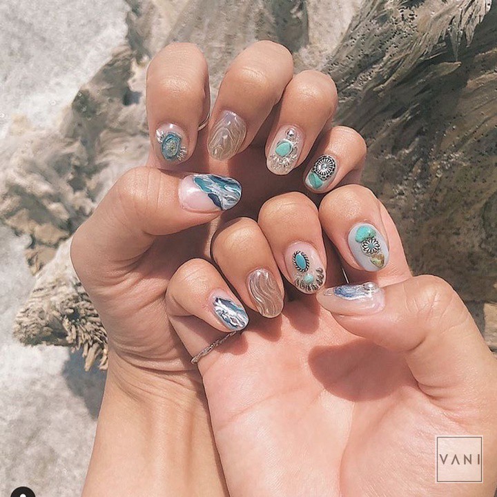 Set 5 Charm Đá Có Màu, Viền Kim Loại Phong Cách Bohemian, Phụ Kiện Nail - Vani Store [KIRA0074]