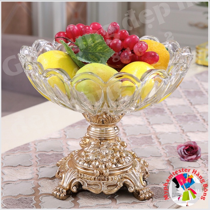 (HÀNG ĐẸP) Mâm bồng thủy tinh đế mạ vàng phong cách Châu Âu