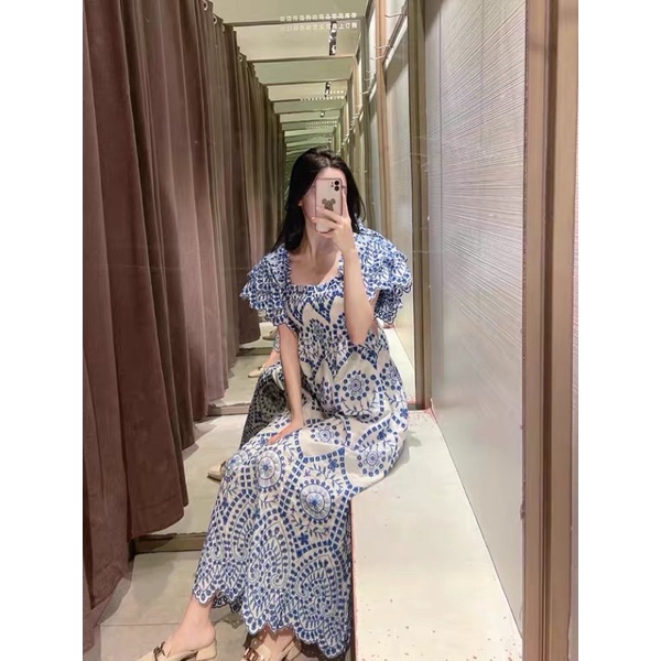 Đầm ZA maxi dáng dài bo chun tay áo cánh tiên