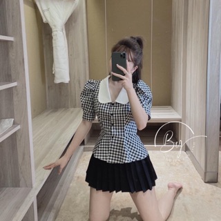 SET ÁO PEPLUM KẺ MIX CHÂN VÁY XẾP LY