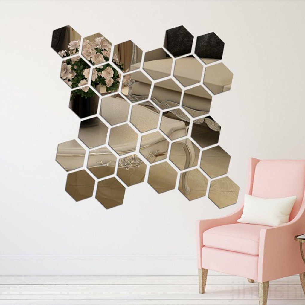 12 Miếng Dán Tường Hình Lục Giác Bằng Acrylic Tráng Gương Diy Trang Trí Nhà Cửa