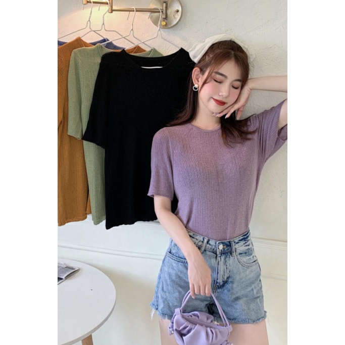 , tím) áo len cổ tròn, áo thun ngắn tay