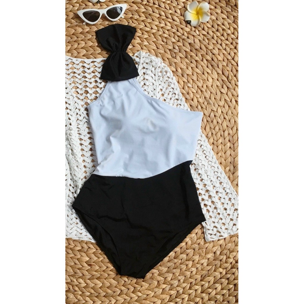 Bikini đồ bơi đi biển một mảnh liền thân lệch vai phối nơ trắng đen đi biển đi bơi đẹp VATIXA BKN66 | BigBuy360 - bigbuy360.vn