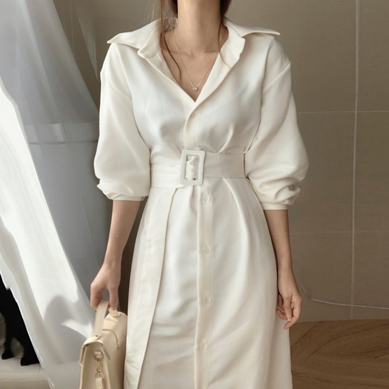 [ORDER] Đầm sơ mi dáng suông dài phong cách ulzzang Hàn Quốc, đầm trắng dự tiệc sang trọng