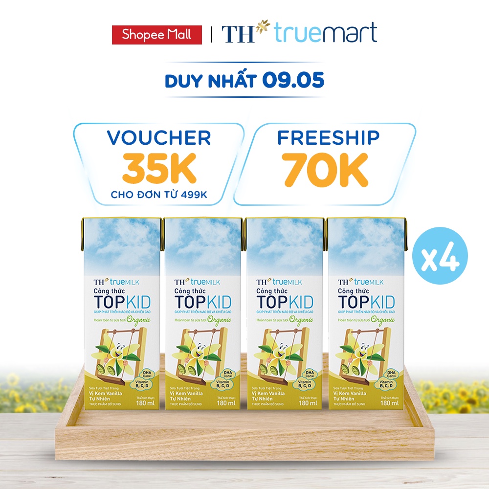 4 Lốc sữa tươi tiệt trùng TOPKID kem vanilla tự nhiên TH True Milk 180ml (180ml x 4 hộp)