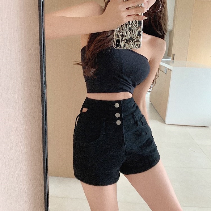 Quần Short Denim Lưng Cao Thiết Kế Khoét Lỗ Quyến Rũ