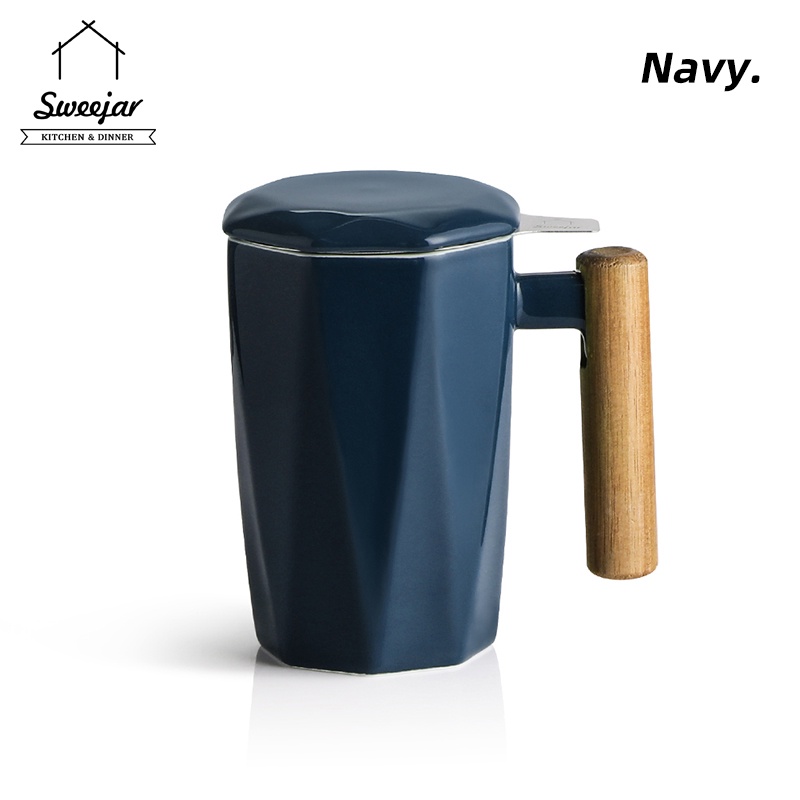 Cốc nước SWEEJAR bằng gốm tay cầm từ gỗ 500ml kèm lưới lọc bằng thép không gỉ