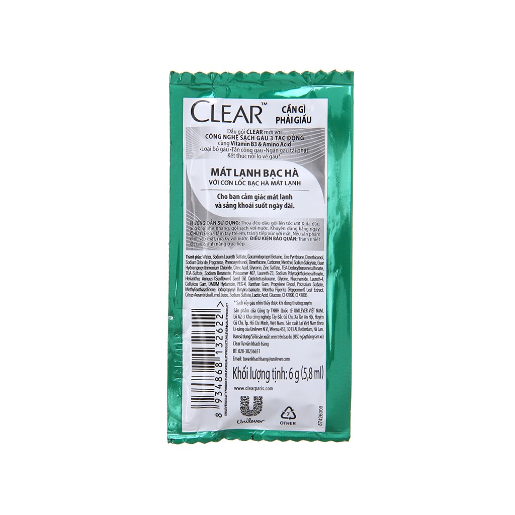 Dây 12 gói Dầu Gội Clear Bạc Hà Mát Lạnh ( 6g/gói*12)