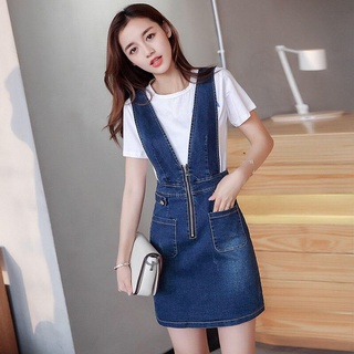 Váy yếm jean ngắn phối kéo