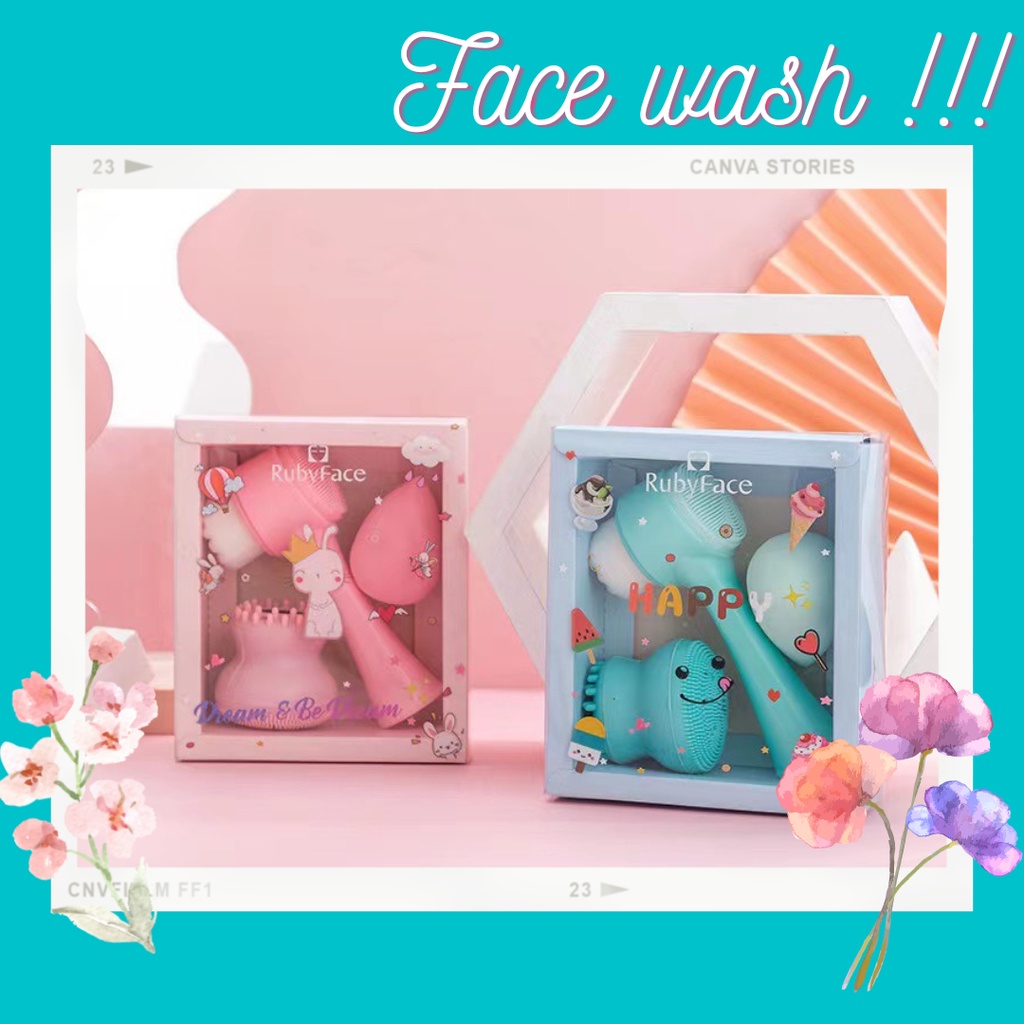 Bộ dụng cụ rửa mặt tiện lợi 3 món gồm Cọ Rửa Mặt + Bông Mút + Rửa Mặt sử dụng hàng ngày