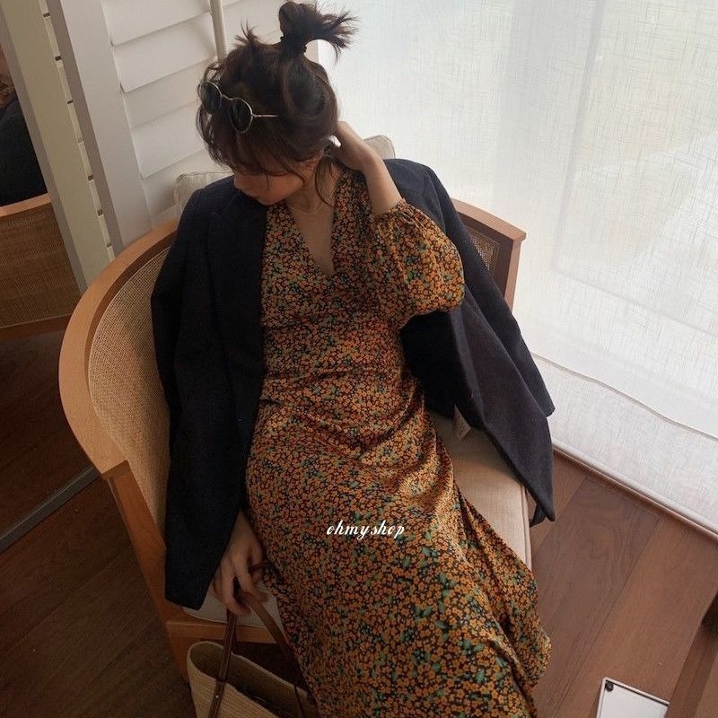 Đầm Eo Cao Cổ Chữ V Dáng Ôm Phong Cách Retro Lãng Mạn Thời Trang Pháp Mới