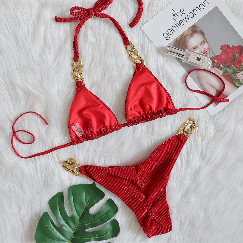 Bộ Đồ Bơi Bikini Phối Dây Xích Màu Vàng Kim Phong Cách Âu Mỹ Hàng Mới Quyến Rũ Dành Cho Nữ