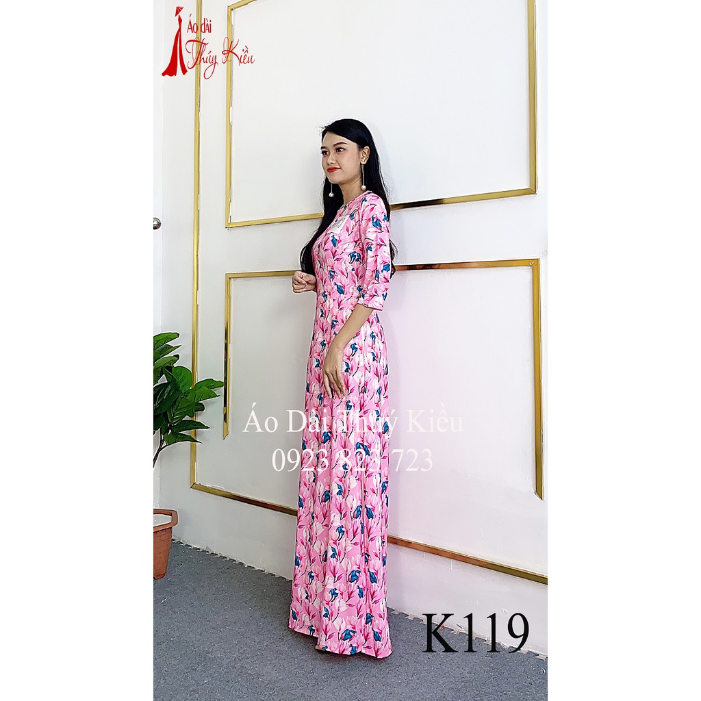 Áo dài nữ may sẵn thiết kế đẹp cách tân tết nền hồng hoa nhí K119 Thúy Kiều mềm mại, co giãn, áo dài giá rẻ