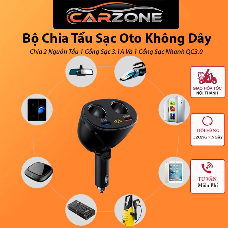 Bộ Chia Tẩu Sạc Oto Không Dây - Chia 2 Nguồn Tẩu 1 Cổng Sạc 3.1A Và 1 Cổng Sạc Nhanh QC3.0 VERSION 2 CARZONE.TOP