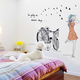 Xả decal dán tường cô gái và xe đạp mj7008