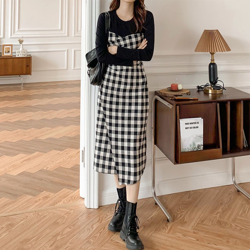 Đầm Nữ Dài Tay Giả Hai Lớp Họa Tiết Caro Phong Cách Pháp Mới