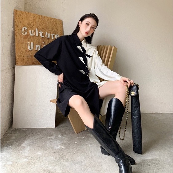 MUSHROOM LEE - Đầm Trắng Đen Thắt Nơ