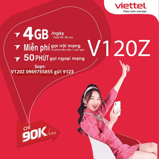 SIM 4G [FREE THÁNG ĐẦU] VIETTEL V120z TẶNG 120GB DATA-GỌI FREE VIETTEL VÀ 50P LIÊN MẠNG FREE KV HCM