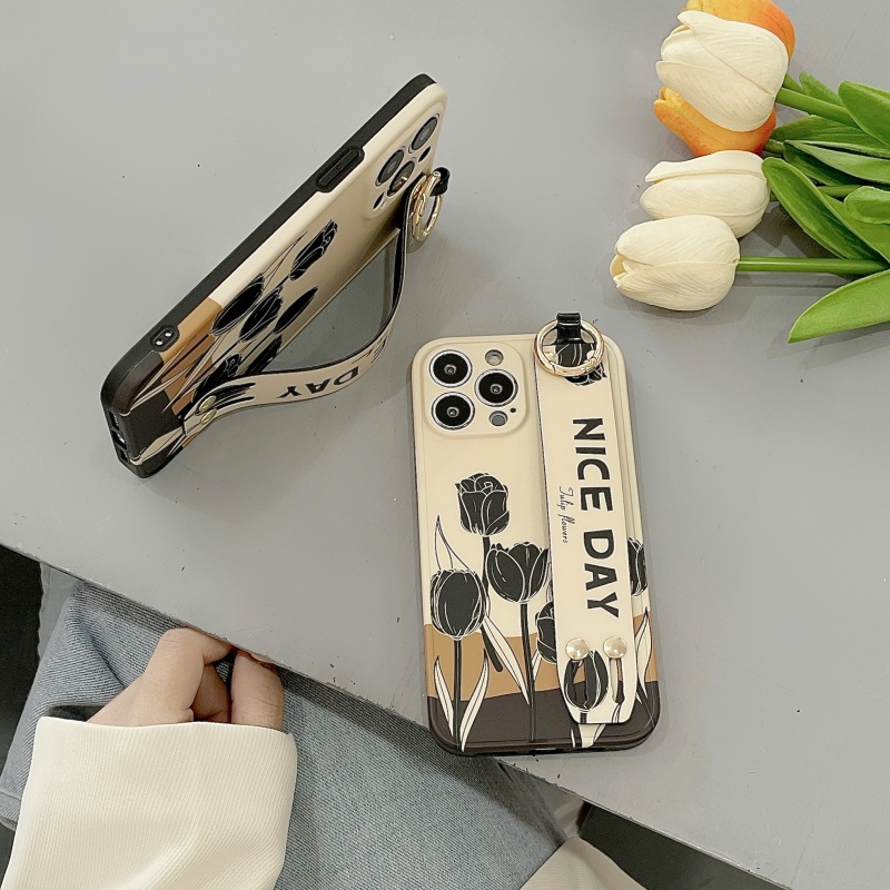 Ốp Điện Thoại Mềm Họa Tiết Hoa Tulip Gắn Dây Đeo Cổ Tay Làm Vòng Đỡ Và Ống Kính Máy Ảnh Cho iPhone 14 13 12 11 Pro