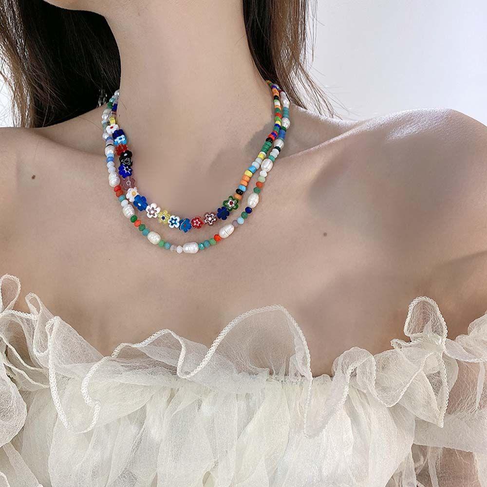 Vòng cổ Mặt Hoa Thủy Tinh Phong Cách Bohemian Thời Trang WMES15H|Vòng cổ Chuỗi Hạt Nhiều Màu Sắc