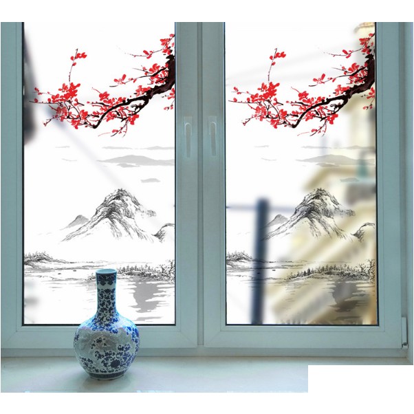 Decal dán kính cao cấp - Phong Thủy Sông Núi và Cành Mai đỏ hữu tình ( 60x116cm )
