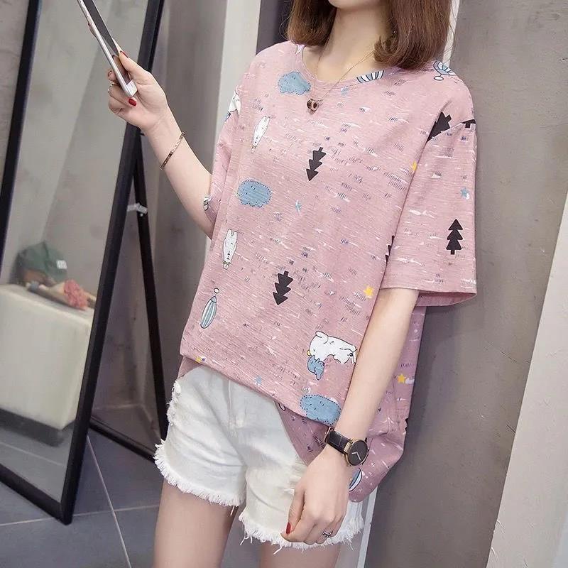 Áo thun ngắn tay nữ cổ tròn màu nhuộm thời trang phong cách mới