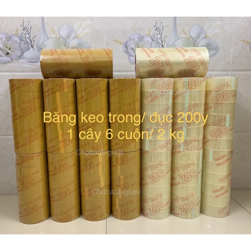 {1 cây/ 6 cuộn} Băng keo trong, băng keo đục 200yard đủ 2kg/ cây, lõi nhỏ, độ dính cao (Sp y hình)